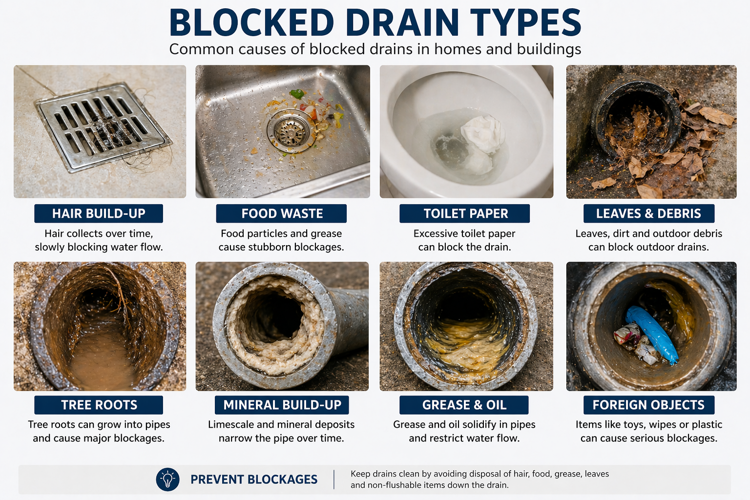 Infographic showing different types of blocked drains such as hair build-up, grease, food waste, tree roots, and debris in pipes.